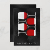Red Wine Glass Black Silver Glass Invitation Kaart (Voorkant / Achterkant)