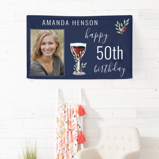 Red Wine Roos Waterverf Blue Photo 50th Birthday Spandoek (Insitu)
