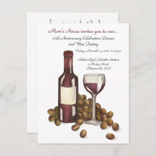 Red Wine Tasting Glass Bottle Grapes Charity Event Uitnodiging Briefkaart (Voorkant / Achterkant)