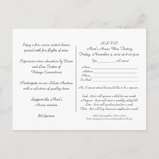 Red Wine Tasting Glass Bottle Grapes Charity Event Uitnodiging Briefkaart (Achterkant)