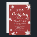 Red Winter 21st Birthday Invitation<br><div class="desc">Un parachute de flocons de neige décore cette invitation amusante à la fête d'anniversaire,  sur un arrière - plan rouge canneberge. Si d'autres éléments de coordination sont nécessaires pour votre événement,  contactez-nous à prettyfancyinvites@gmail.com avec votre demande.</div>