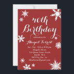 Red Winter 40th Birthday Invitation<br><div class="desc">Un parachute de flocons de neige décore cette invitation amusante à la fête d'anniversaire,  sur un arrière - plan rouge canneberge. Si d'autres éléments de coordination sont nécessaires pour votre événement,  contactez-nous à prettyfancyinvites@gmail.com avec votre demande.</div>
