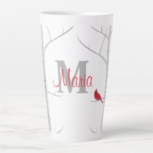 Red Winter Bird Woodland Tree Rustic Monogram Latte Mok