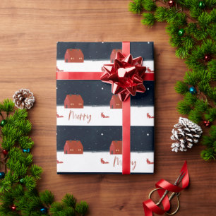 Red Winter Cottage Snowy-kerstpatroon Cadeaupapier