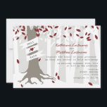 Red Winter Wedding Forest Neige Invitation<br><div class="desc">Une invitation à un mariage d'hiver illustrant un arbre dans la forêt. L'arbre a des feuilles rouges, argentés et blancs, des racines apparentes, et un tronc enveloppé d'une bannière qui peut être customisé avec les noms de marié et marié. Le sol et les arbres arrière - plans sont blancs. L'expression...</div>