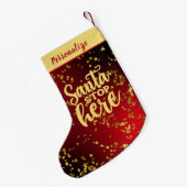 Red with Gold Glitter Santa Stop Here Personalized Kleine Kerstsok (Achterkant (Hangend))