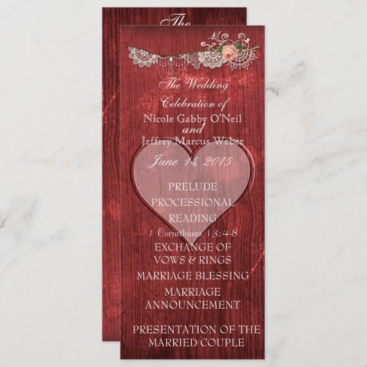 Red Wood Heart Programme de mariage rustique (Devant / Derrière)