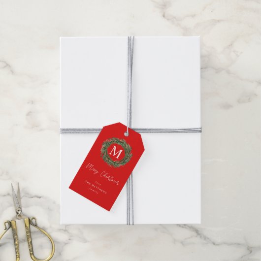 Red Wreath Monogram Cadeaulabel (Met Touw)