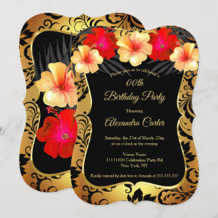 Red Yellow Gold Black Damask Hibiscus Birthday Kaart
