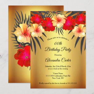 Red Yellow Gold Black Palm Hibiscus Birthday Party Kaart