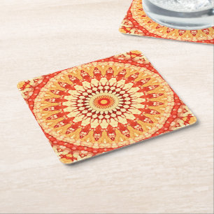 Red Yellow Oranje Summer Mandala Pattern Vierkante Kartonnen Onderzetter