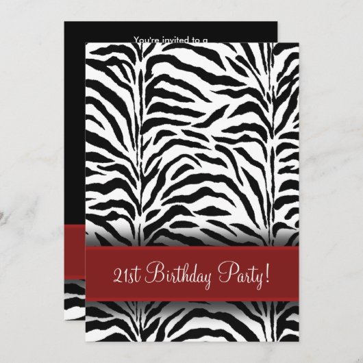 Red Zebra 21st Birthday Party Invitations (Devant / Derrière)