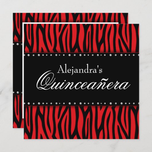 Red Zebra Diamonds Quinceanera Invitations (Devant / Derrière)