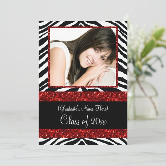 Red Zebra Sparkle Girls Graduparty Kaart (Staand voorkant)