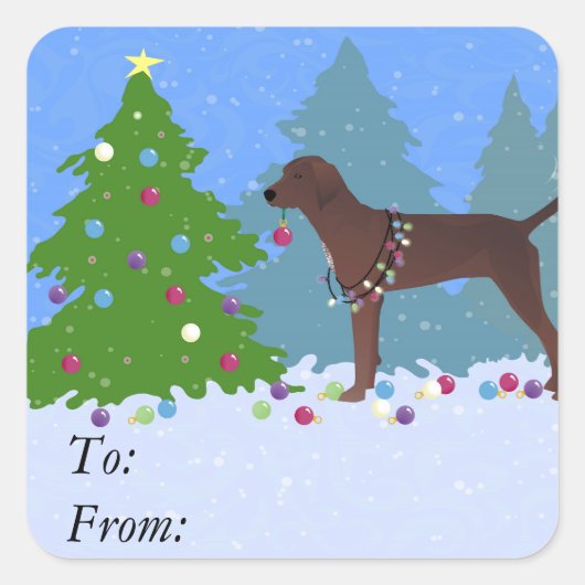 Redbone Coonhound Decorating Kerstboom Vierkante Sticker (Voorkant)