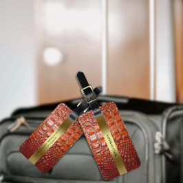 Reddish Brown Reptile Digital Leather Gold Metal Bagagelabel