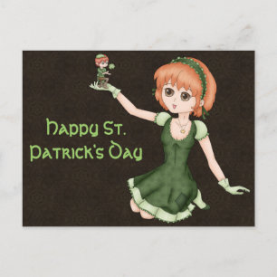 Redhead Anime Girl en Leprechaun Briefkaart