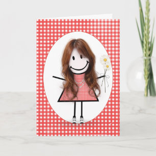 Redhead Birthday Stick Figuur Girl op gingham Kaart