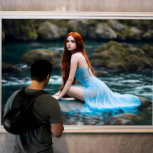redhead girl dress blue nature water stone canvas afdruk