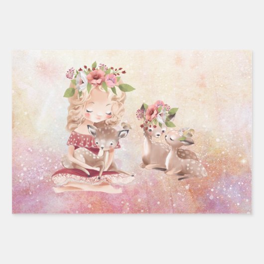 Redhead Girl en Baby Fox Illustratie  Inpakpapier Vel (Voorkant 3)