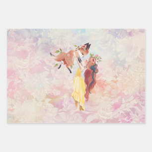 Redhead Girl en Baby Fox Illustratie Inpakpapier Vel