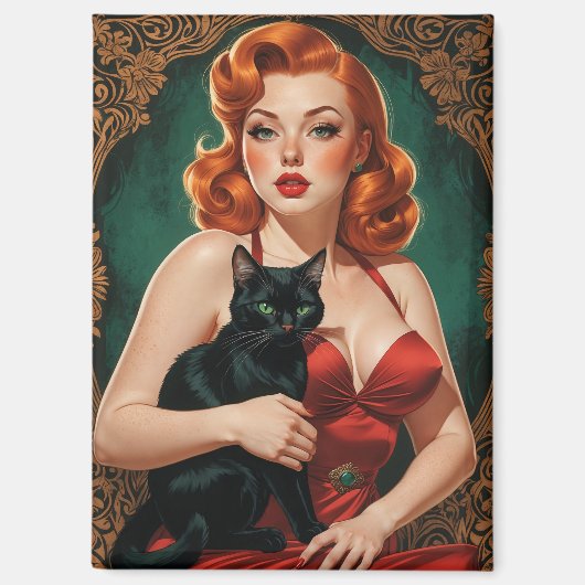 Redhead Pin-Up en Black Cat Magneet (Voorkant)