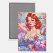 Redhead Pin-Up Met Paaseieren Roze Bloemen Magneet (Voorkant / Achterkant)
