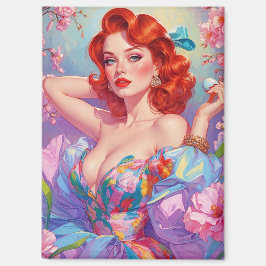 Redhead Pin-Up Met Paaseieren Roze Bloemen Magneet