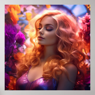 Redhead Vrouw & Bloemen Poster