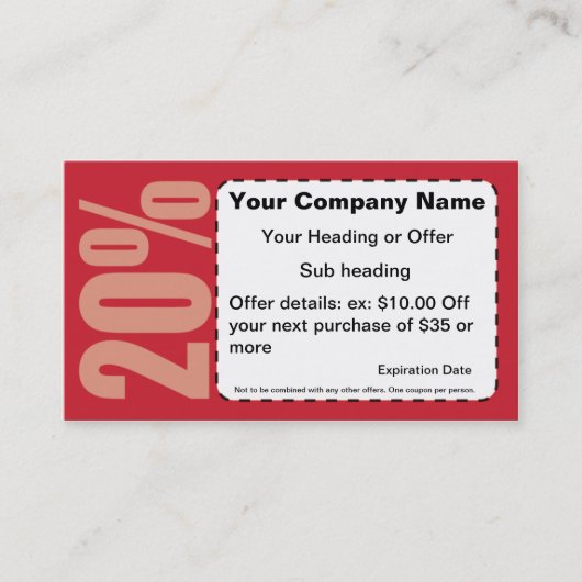 Réduction 20% outre du carte de visite de bon (Devant)