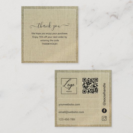 Réduction Carte de remerciement de commande en lin beige rus (Devant / Derrière)