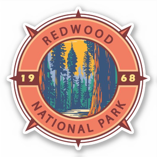 Redwood National Park Retro Compass Emblem Sticker (Voorkant)
