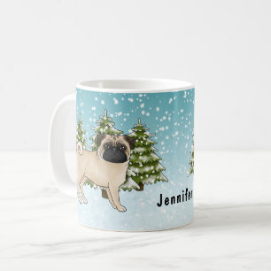 Reebruine Pug Schattige Cartoonhond Besneeuwde Win Koffiemok