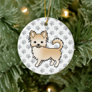Reekleurige Langharige Chihuahua Cartoon Hond & Po Keramisch Ornament