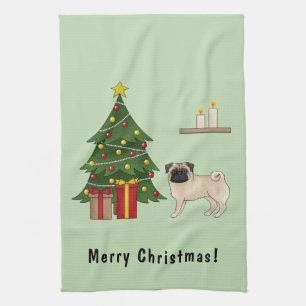 Reekrug mopshond cute cartoon hond met een kerstbo theedoek