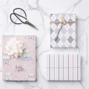 Reeks 3-Baby lammeren, Argyle, Stripes Roze grijs  Inpakpapier Vel
