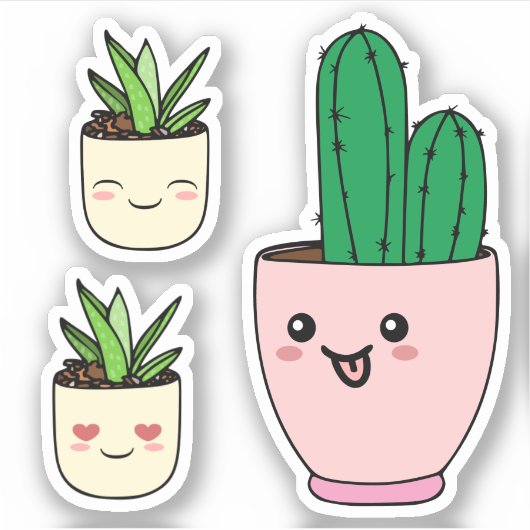 Reeks drie Kawaii Succulent Plant Vinyl Cutout Sticker (Voorkant)