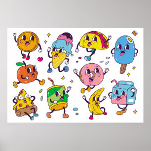 Reeks voedsel en drink in retro-cartoon-stijl illu poster