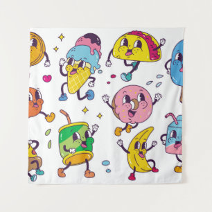Reeks voedsel en drink in retro-cartoon-stijl illu wandkleed