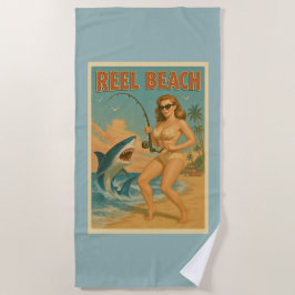 Reel Beach Shark Fishing Pin-Up Retro Blue Coastal Strandlaken