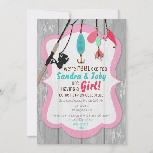 Reel Excité Pêche Baby shower rose Invitation (Devant)