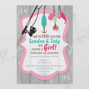 Reel Excité Pêche Baby shower rose Invitation