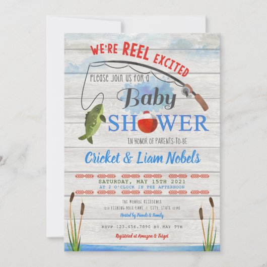 Reel Excitée Pêche bébé garçon douche Invitation (Devant)