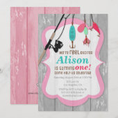 Reel Excitée Pink Girl Pêche Invitation Anniversai (Devant / Derrière)