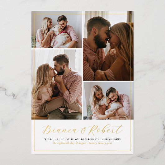 Reële Folie | Elegant Handwriters 5 Foto's Wedding Folie Uitnodiging (Voorkant)