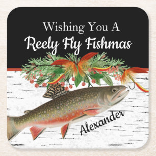 Reely Fly Fishmas Vist Kerstmis leeg Klein Vierkante Kartonnen Onderzetter