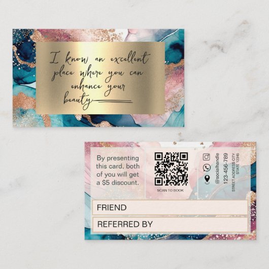 Référencement Carte de parrainage à code QR aquarelle faux or ro (Devant / Derrière)
