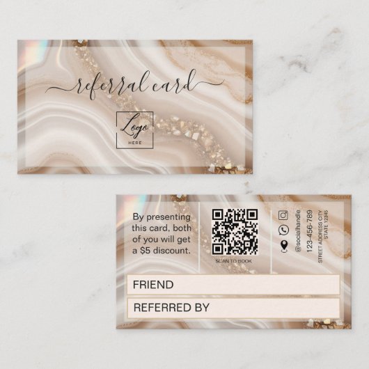 Référencement Carte de parrainage à code QR beige et or aquarell (Devant / Derrière)