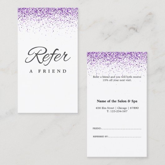 Référencement Carte de parrainage de salon violet pailleté de lu (Devant / Derrière)