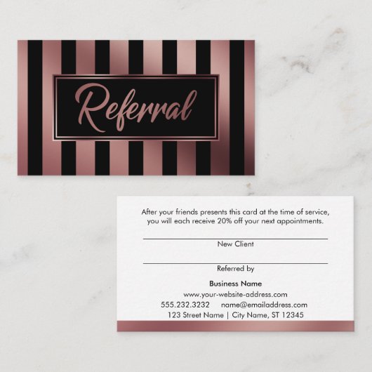 Référencement Carte de recommandation rayée verticale or rose et (Devant / Derrière)